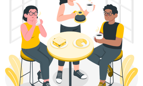 Illustration de 3 personnnes buvant un café ensemble à une table, un croissant et sandwich sur cette table.