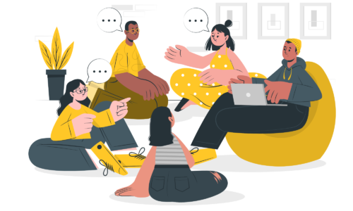 Illustration d'un groupe de 5 personnes discutant ensemble et partageant des idées