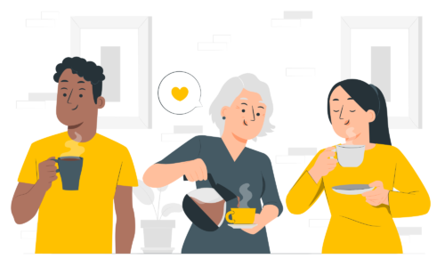 Illustration de trois personnes buvant un café ensemble.