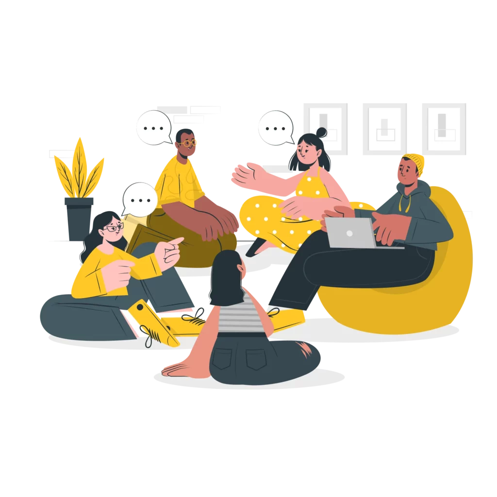 Illustration d'un groupe de 5 personnes en cercle discutant