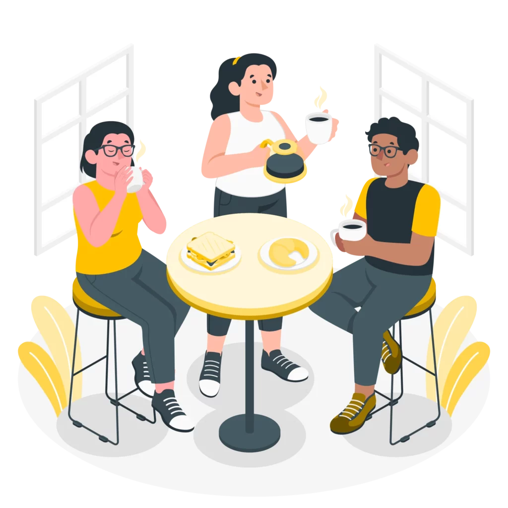 illustration de trois personnes autour d'une table qui boivent du café